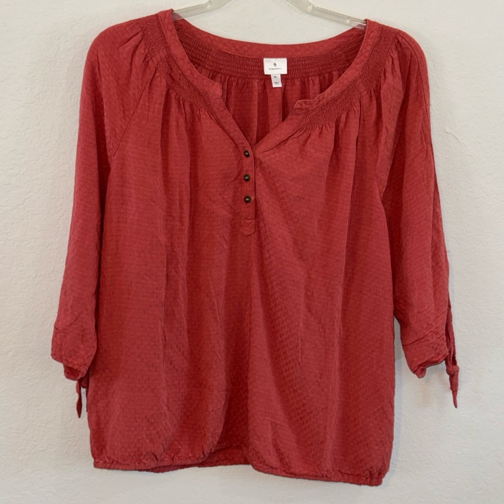 Women's Rust Orange Swiss Dot Blouse Smocked Neckline XL Boho Cottagecore Rustic - Picture 2 of 7